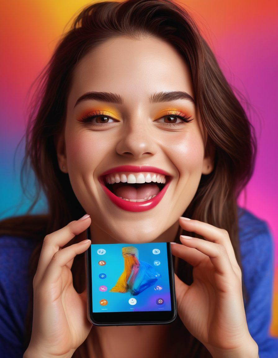A visually striking split image showcasing two contrasting scenes: on the left, a close-up of a joyful face with an exuberant smile, surrounded by bright, vivid colors; on the right, a soft-focus background of hands interacting with a smartphone playing engaging erotic content, creating a warm and inviting atmosphere. Include subtle icons indicating video platforms in the background. The overall feel should be playful yet intimate, capturing the essence of happiness and allure. super-realistic. vibrant colors. 3D.