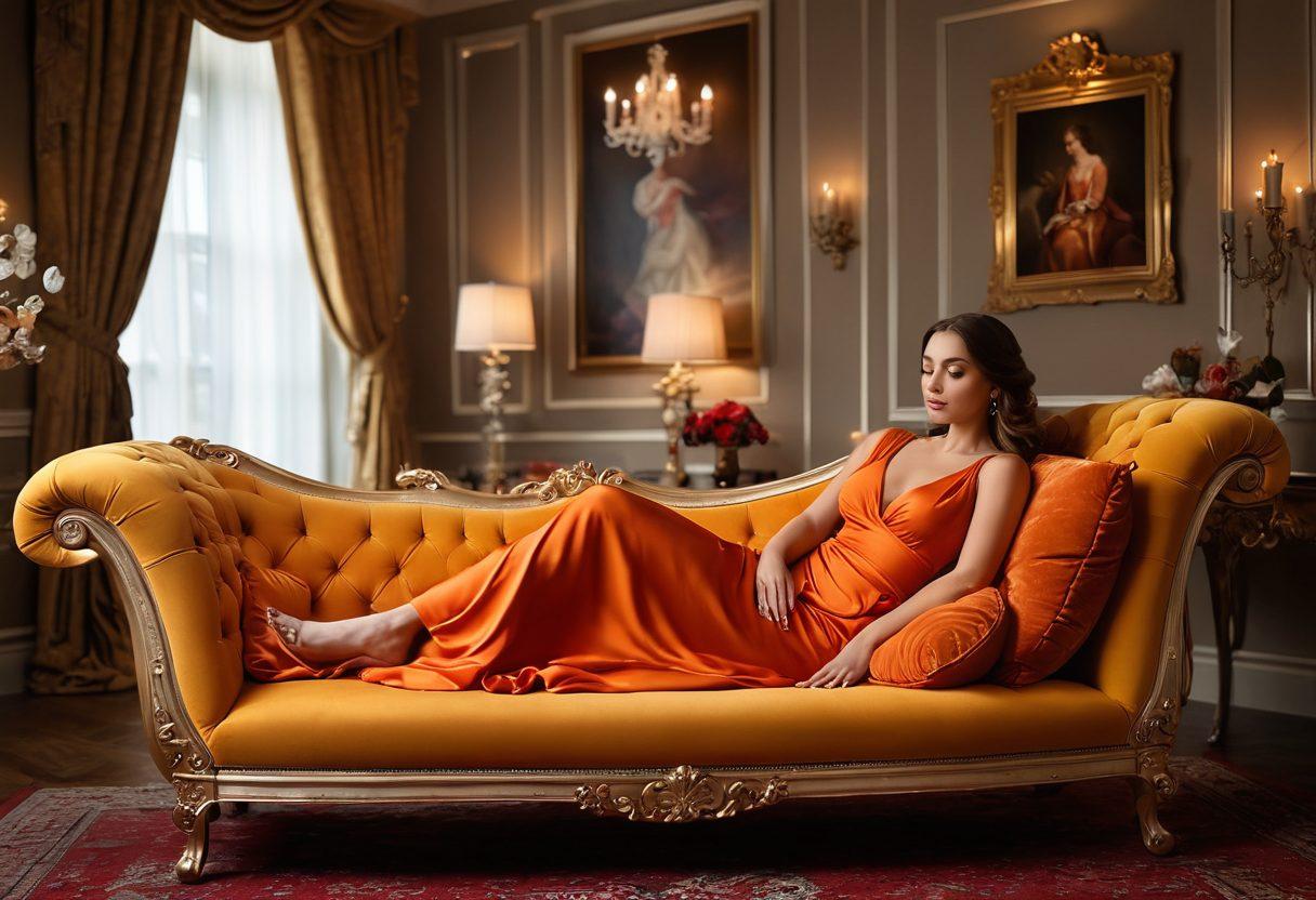 A luxurious, intimate scene featuring a couple enjoying a candlelit evening, surrounded by elegant decor and soft fabrics, embodying the essence of sensuality and indulgence. Their expressions convey passion and connection, as ambient light creates a warm glow. Include hints of sophisticated adult entertainment elements, like a plush chaise lounge and artistic sculptures. The overall atmosphere should feel inviting and opulent. super-realistic. vibrant colors. soft focus.