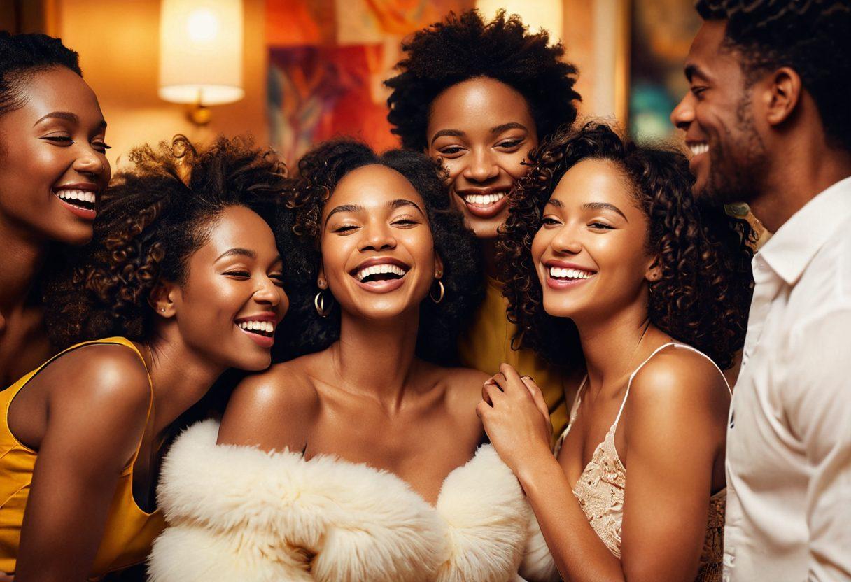 A vibrant collage depicting diverse individuals expressing joy and sensuality, engaging in playful interactions in an intimate setting. Include soft lighting that highlights their happy expressions, surrounded by elements of elegance like plush textures and gentle curves. The scene should exude a sense of comfort, exploration, and confidence in sensuality. super-realistic. warm colors. soft focus.